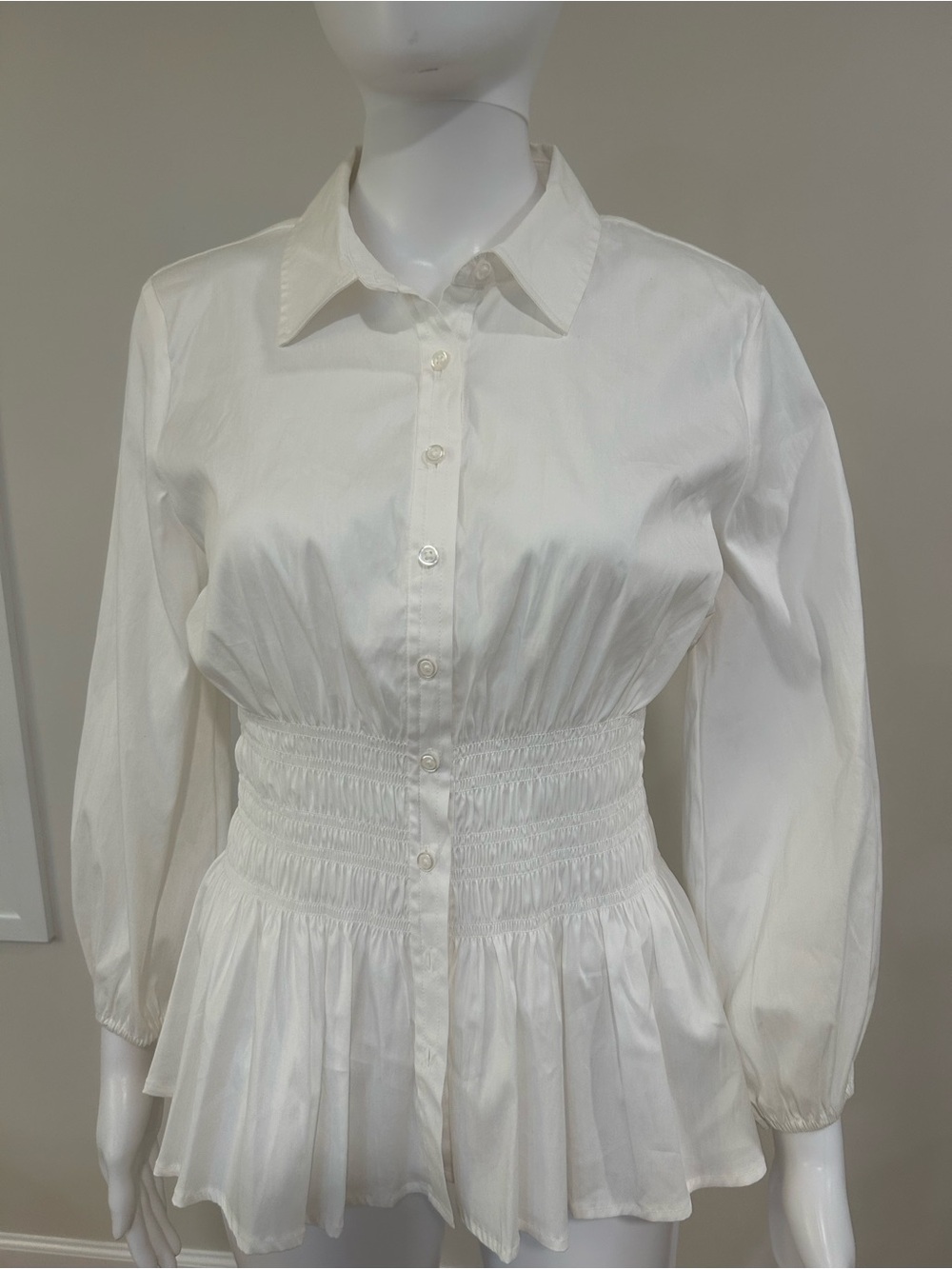 White House Black Market
White Smocked-Waist Peplum Button-Up Blouse
NWT